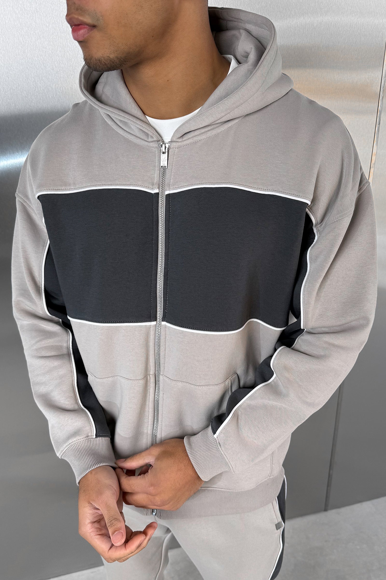 Panelled Relaxed Zip Through Hoodie - Grey - Image 2