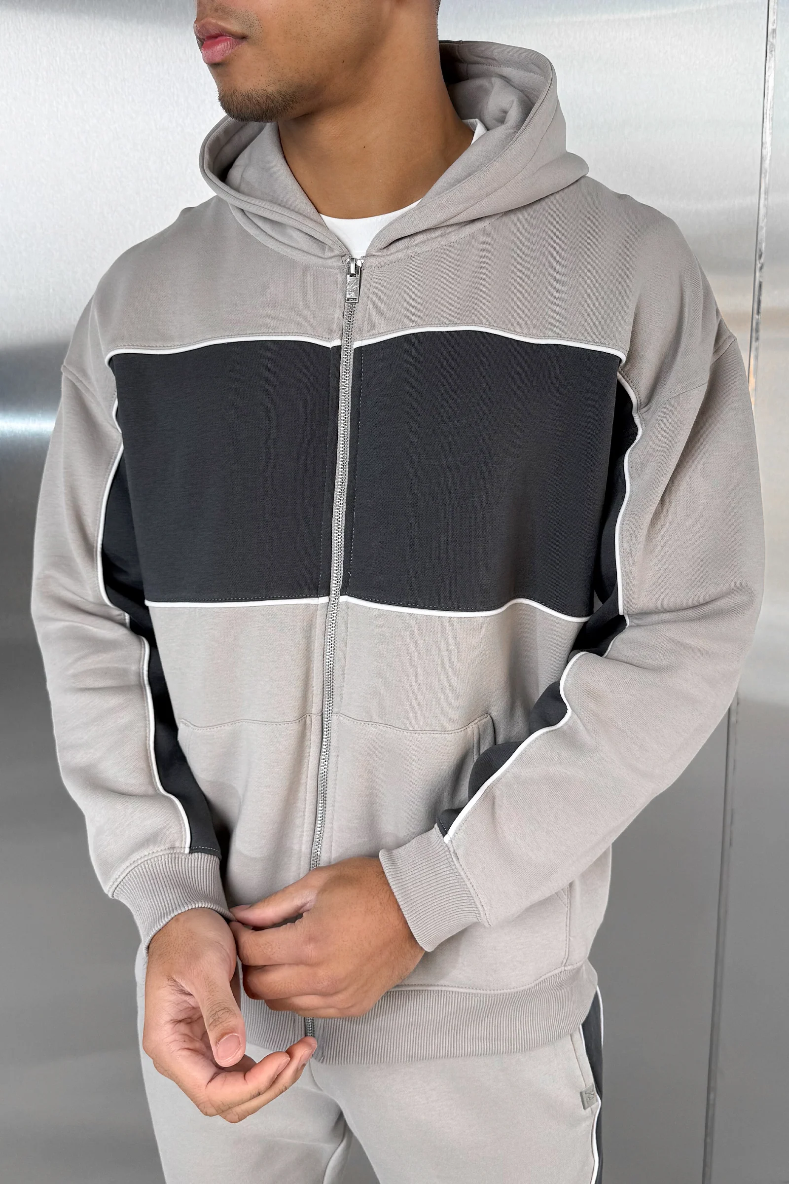 Panelled Relaxed Zip Through Hoodie - Grey - Image 4