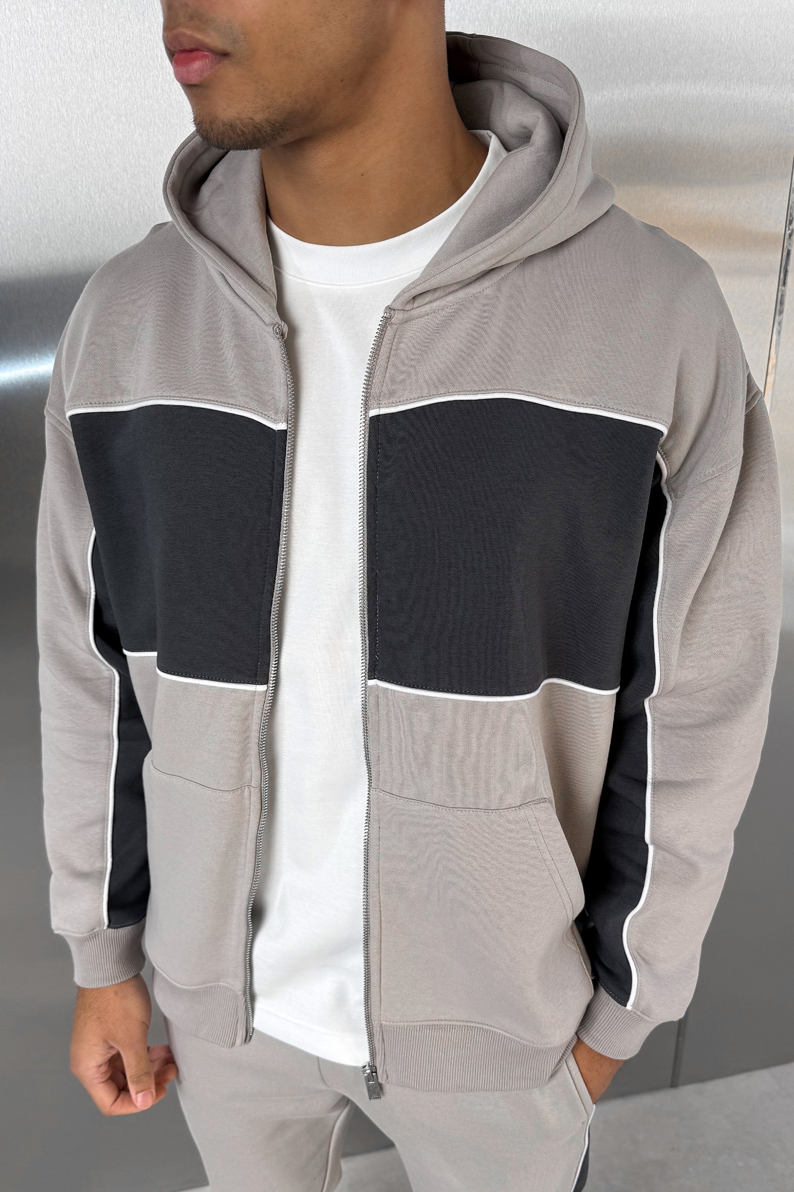 Panelled Relaxed Zip Through Hoodie - Grey - Image 6
