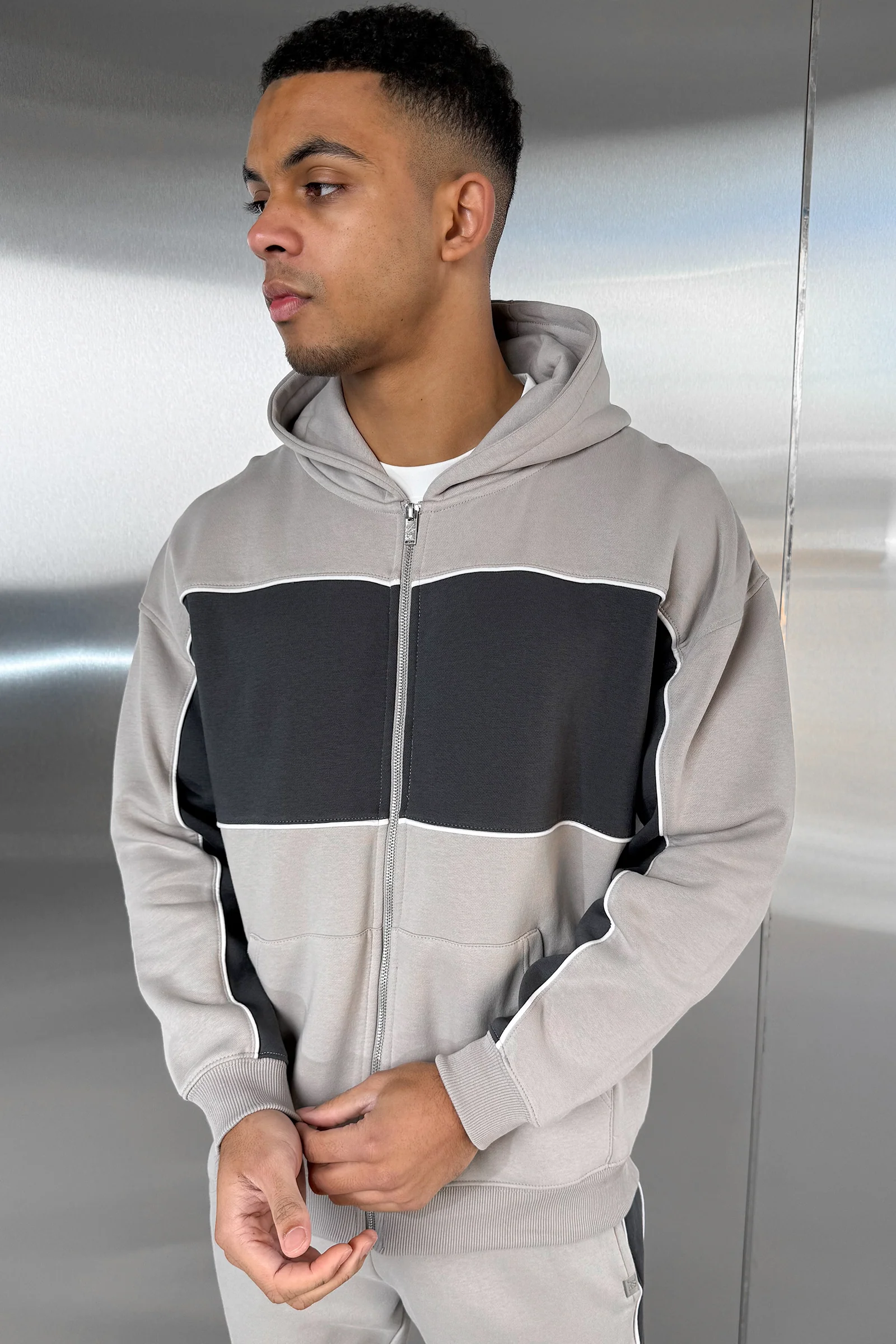 Panelled Relaxed Zip Through Hoodie - Grey - Image 7