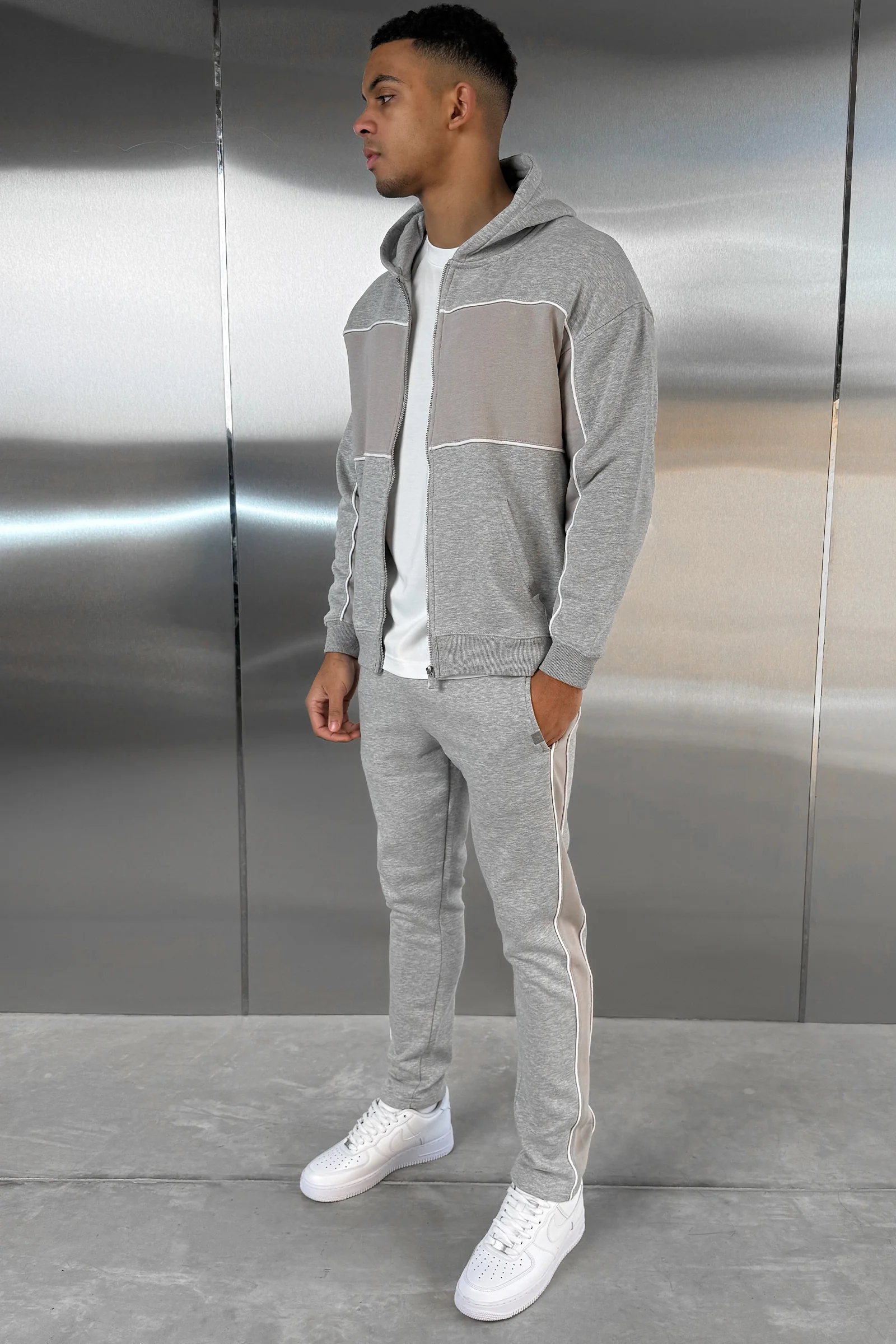 Panelled Relaxed Zip Through Hoodie - Grey Marl - Image 14