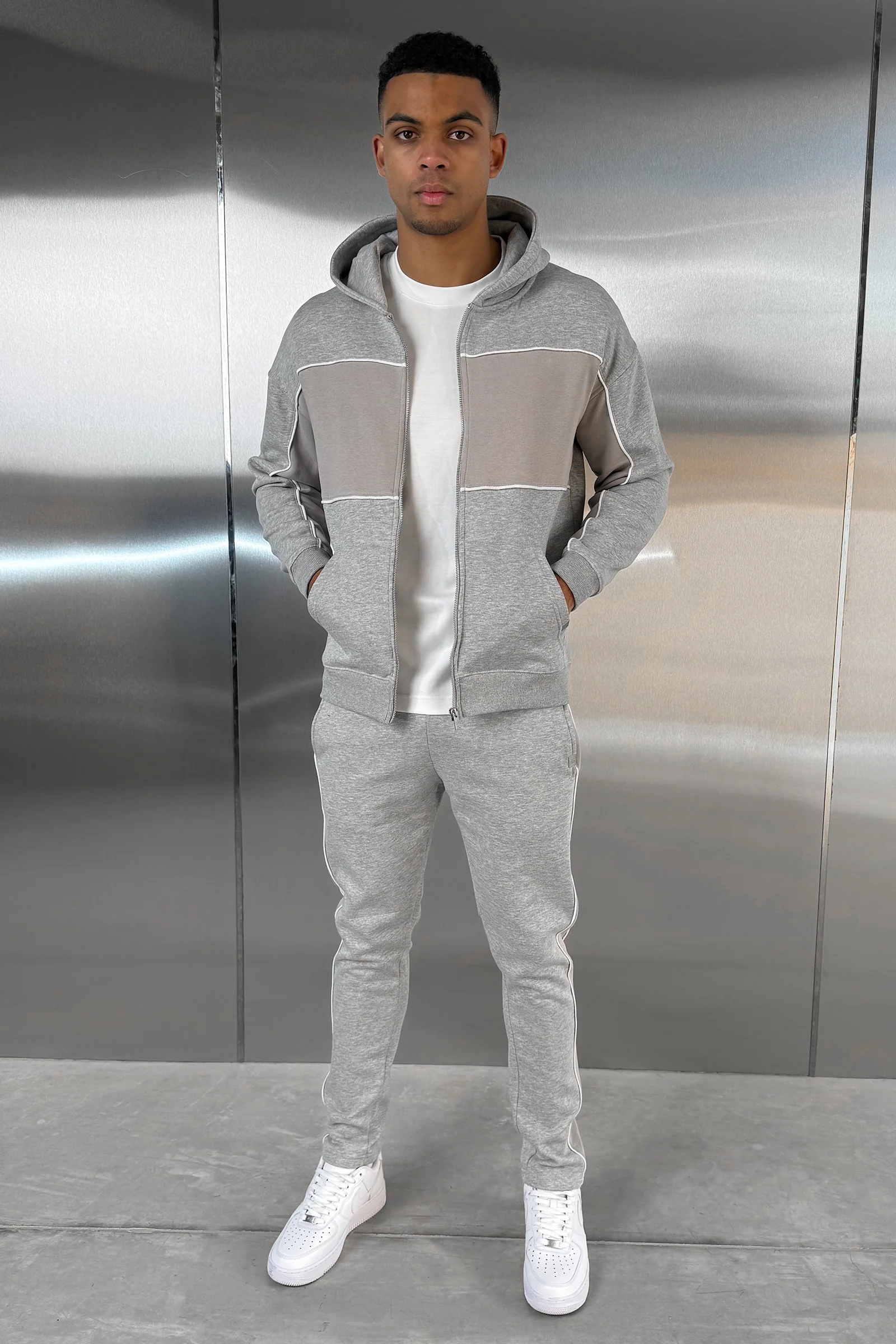 Panelled Relaxed Zip Through Hoodie - Grey Marl - Image 4