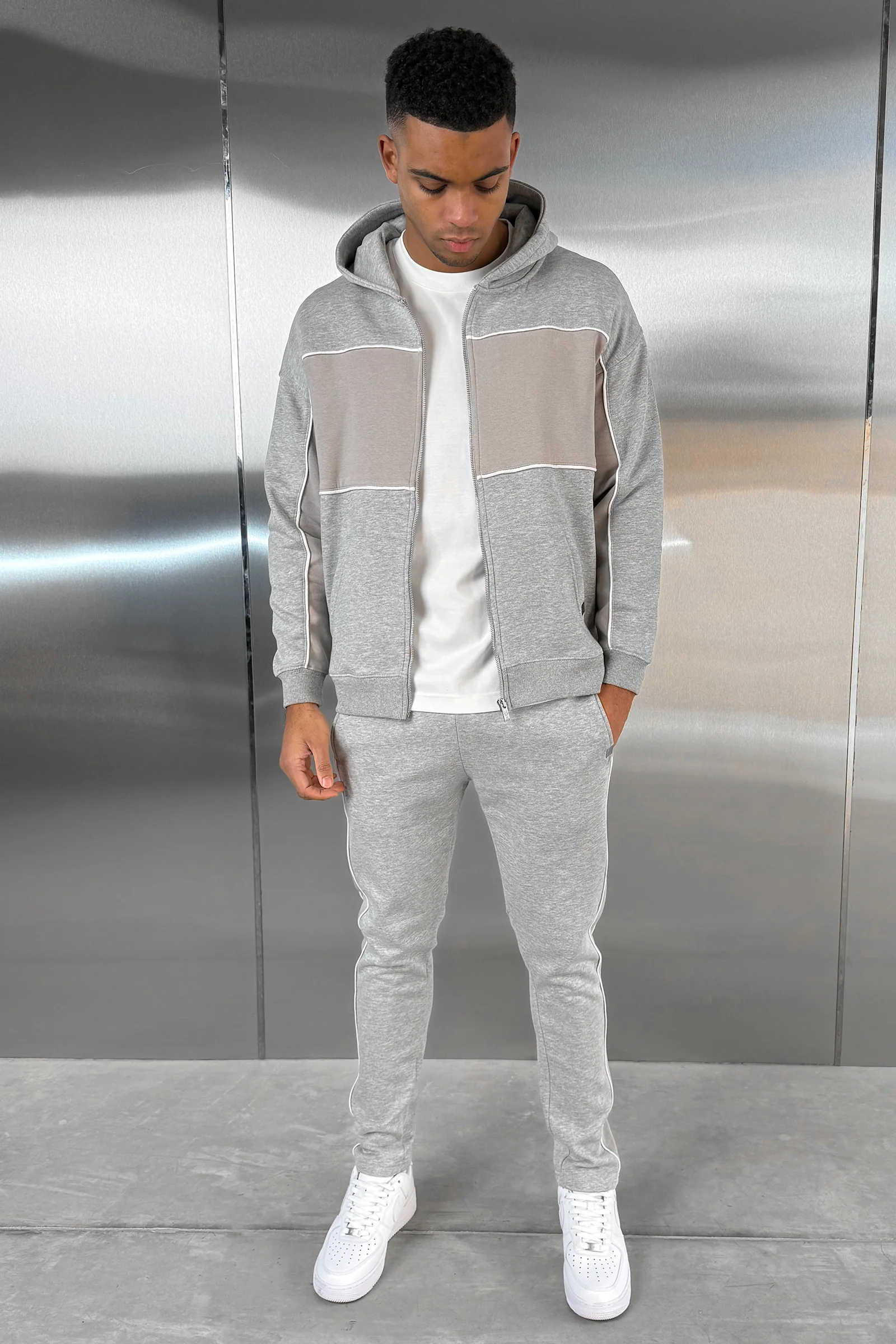 Panelled Relaxed Zip Through Hoodie - Grey Marl - Image 7
