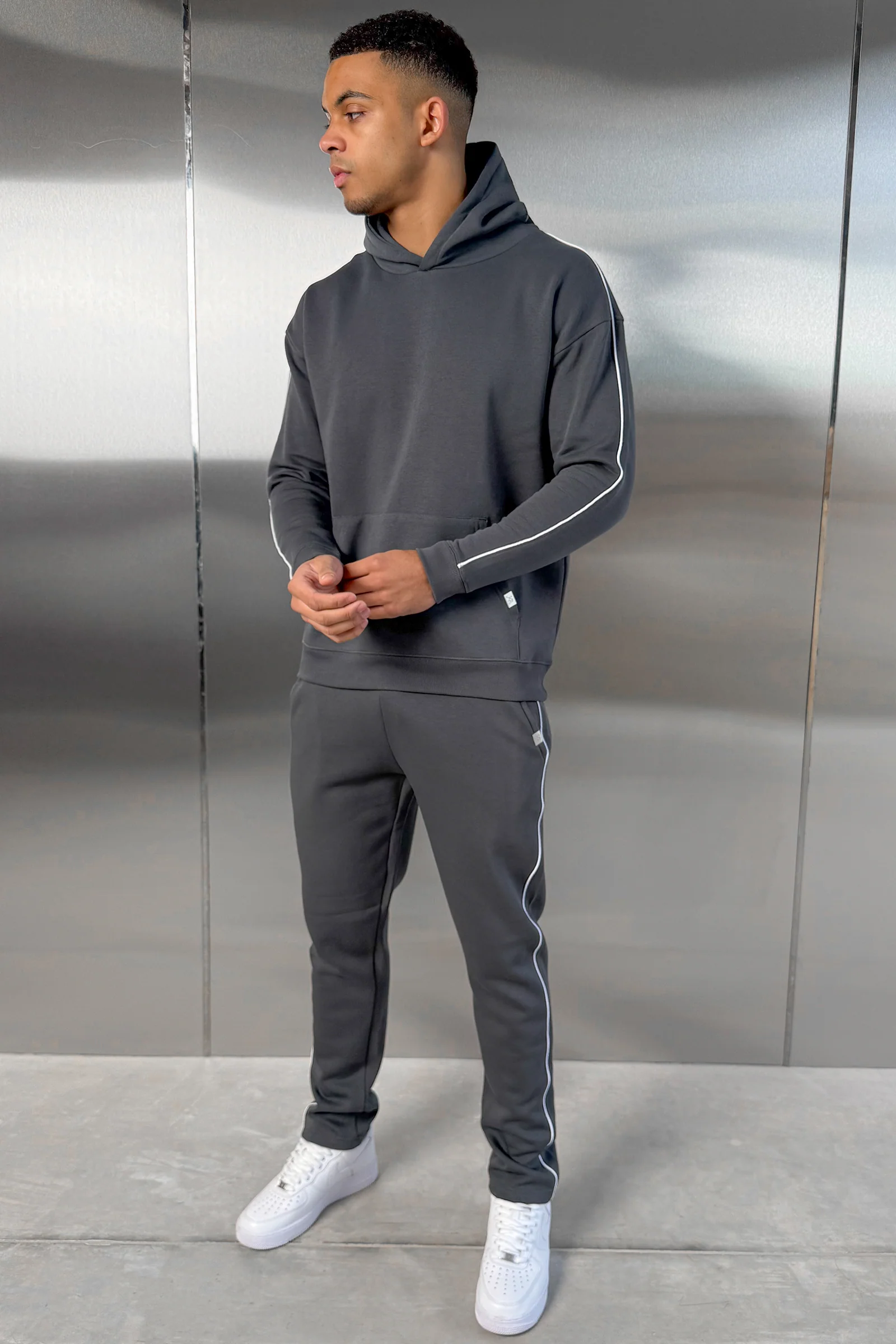 Piping Detail Hoodie - Charcoal - Image 10
