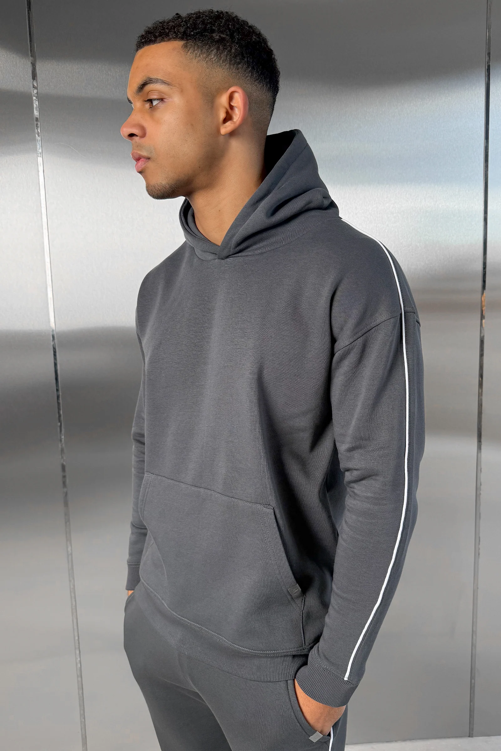 Piping Detail Hoodie - Charcoal - Image 2