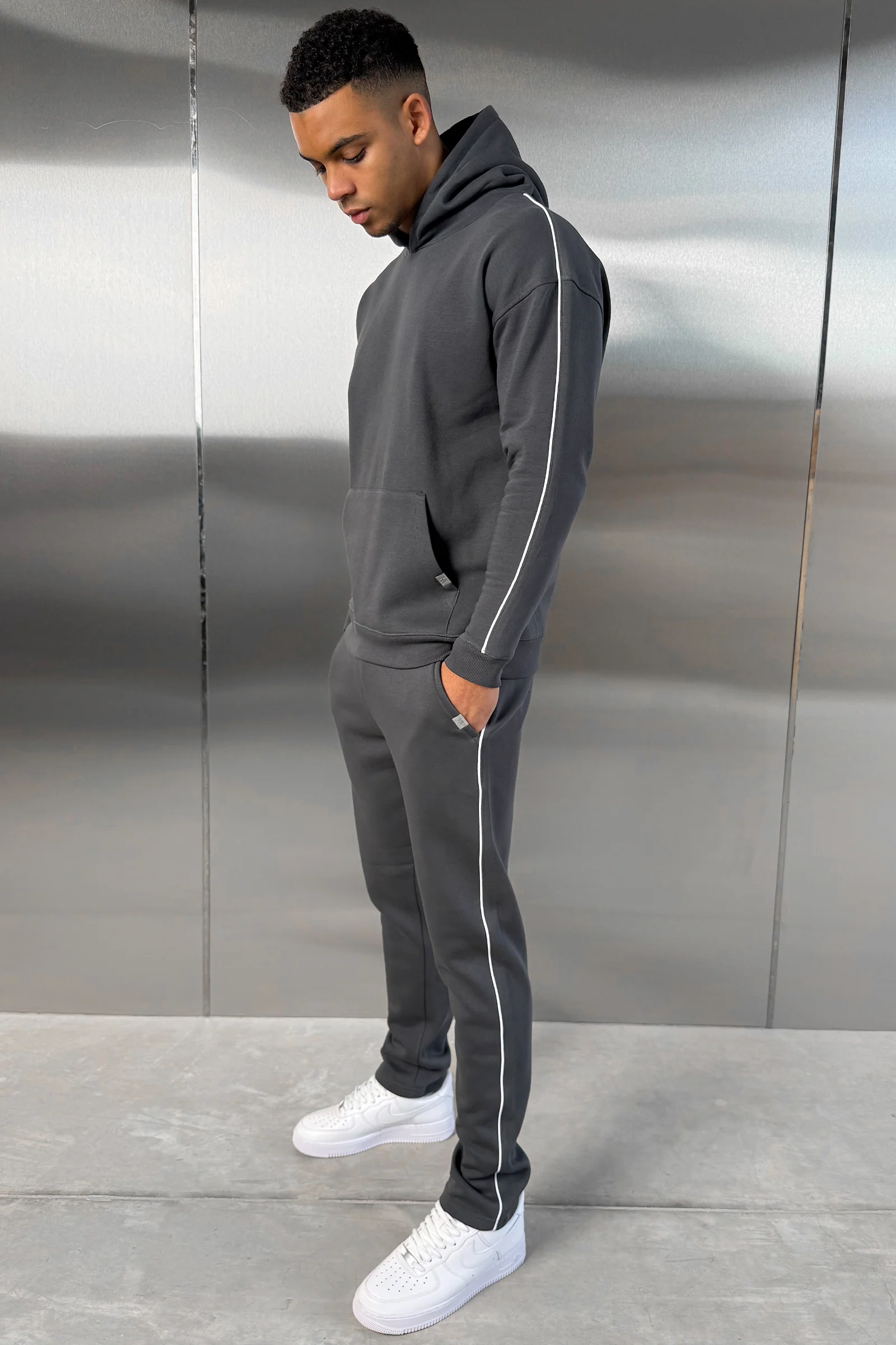 Piping Detail Hoodie - Charcoal - Image 3