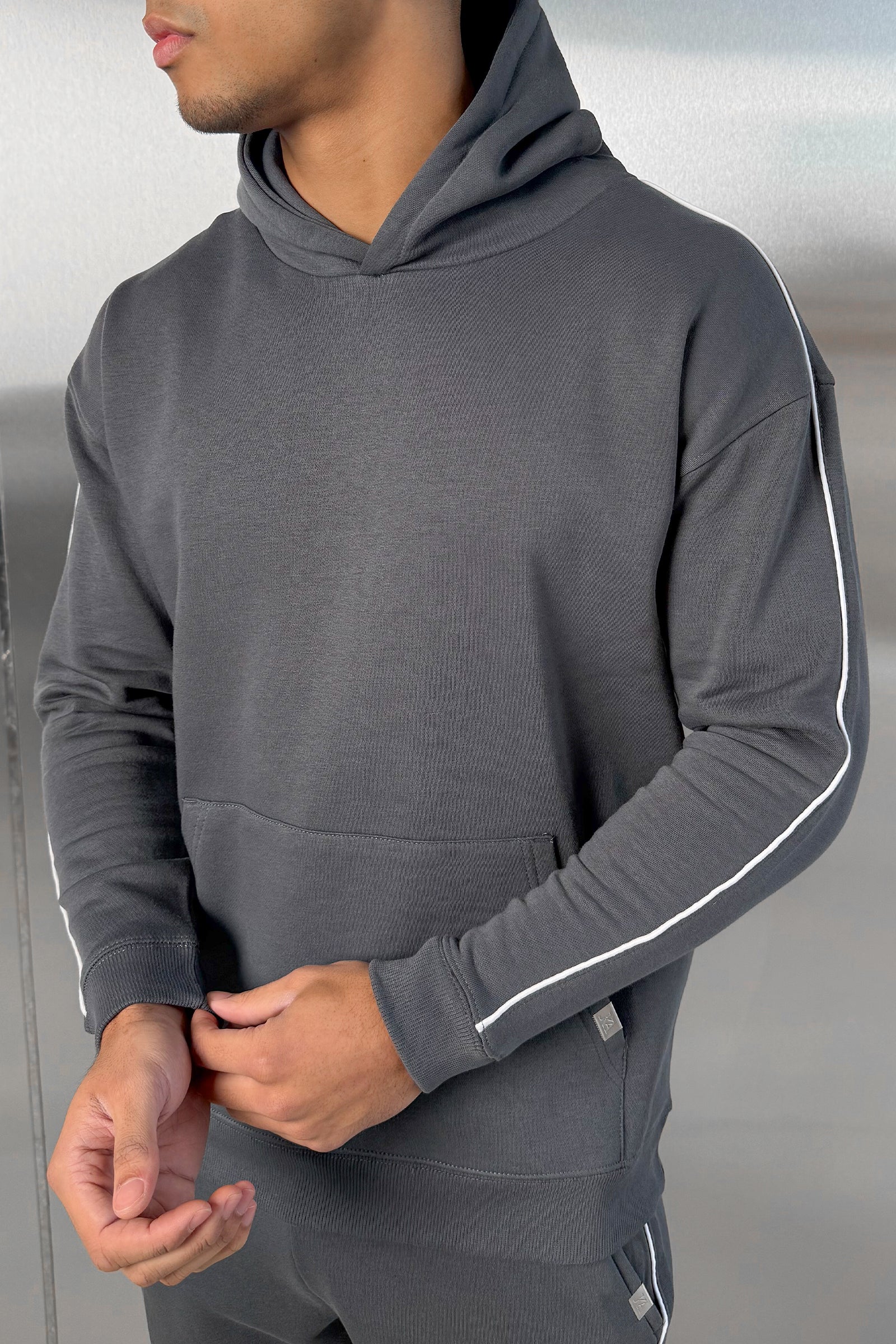 Piping Detail Hoodie - Charcoal - Image 4