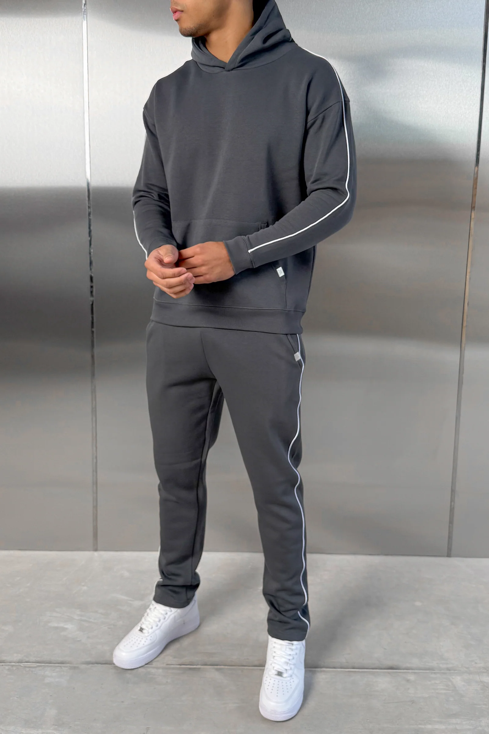Piping Detail Hoodie - Charcoal - Image 5