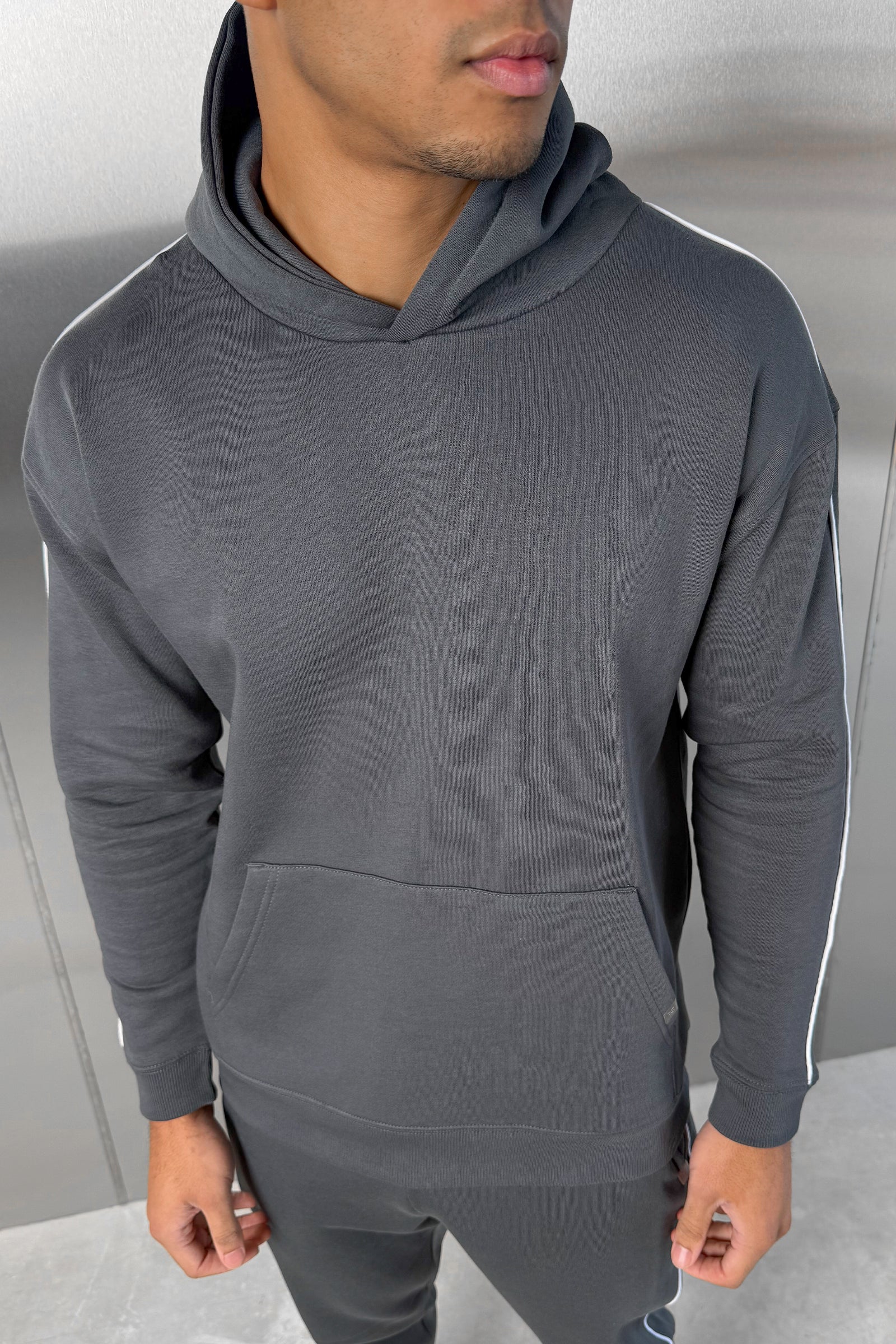 Piping Detail Hoodie - Charcoal - Image 6