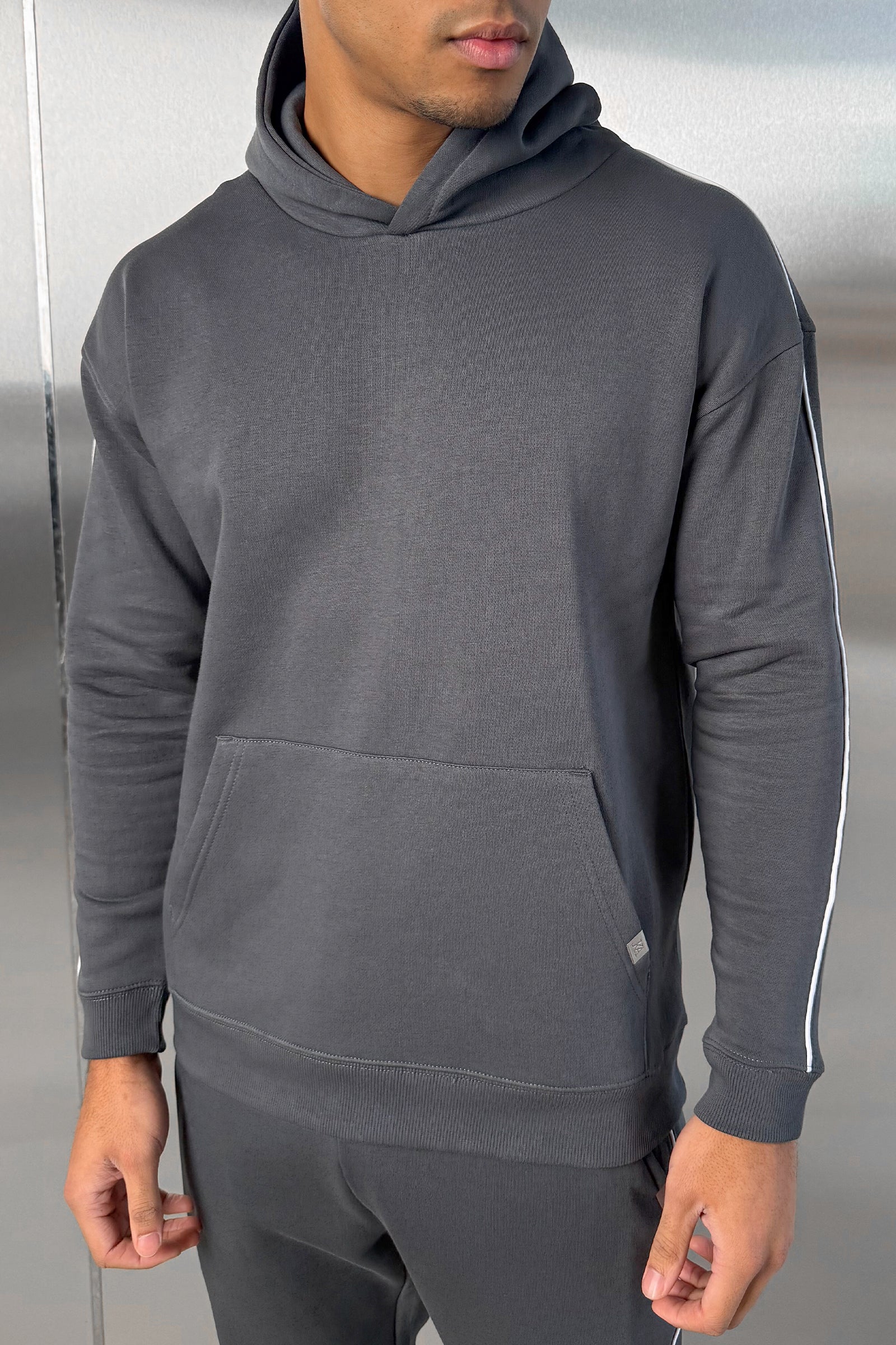 Piping Detail Hoodie - Charcoal - Image 7