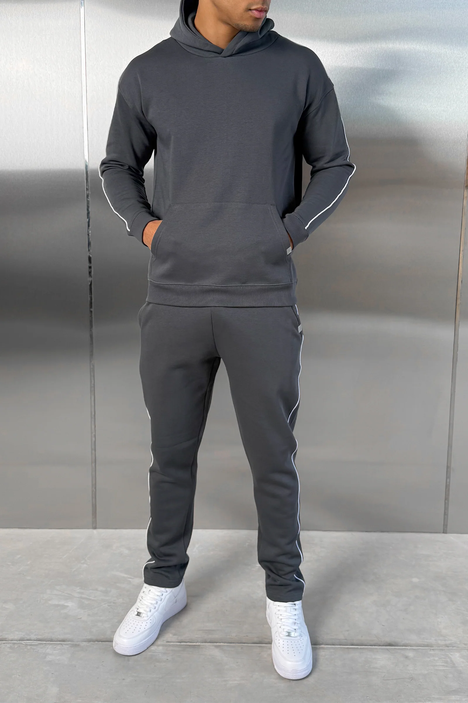Piping Detail Hoodie - Charcoal - Image 8