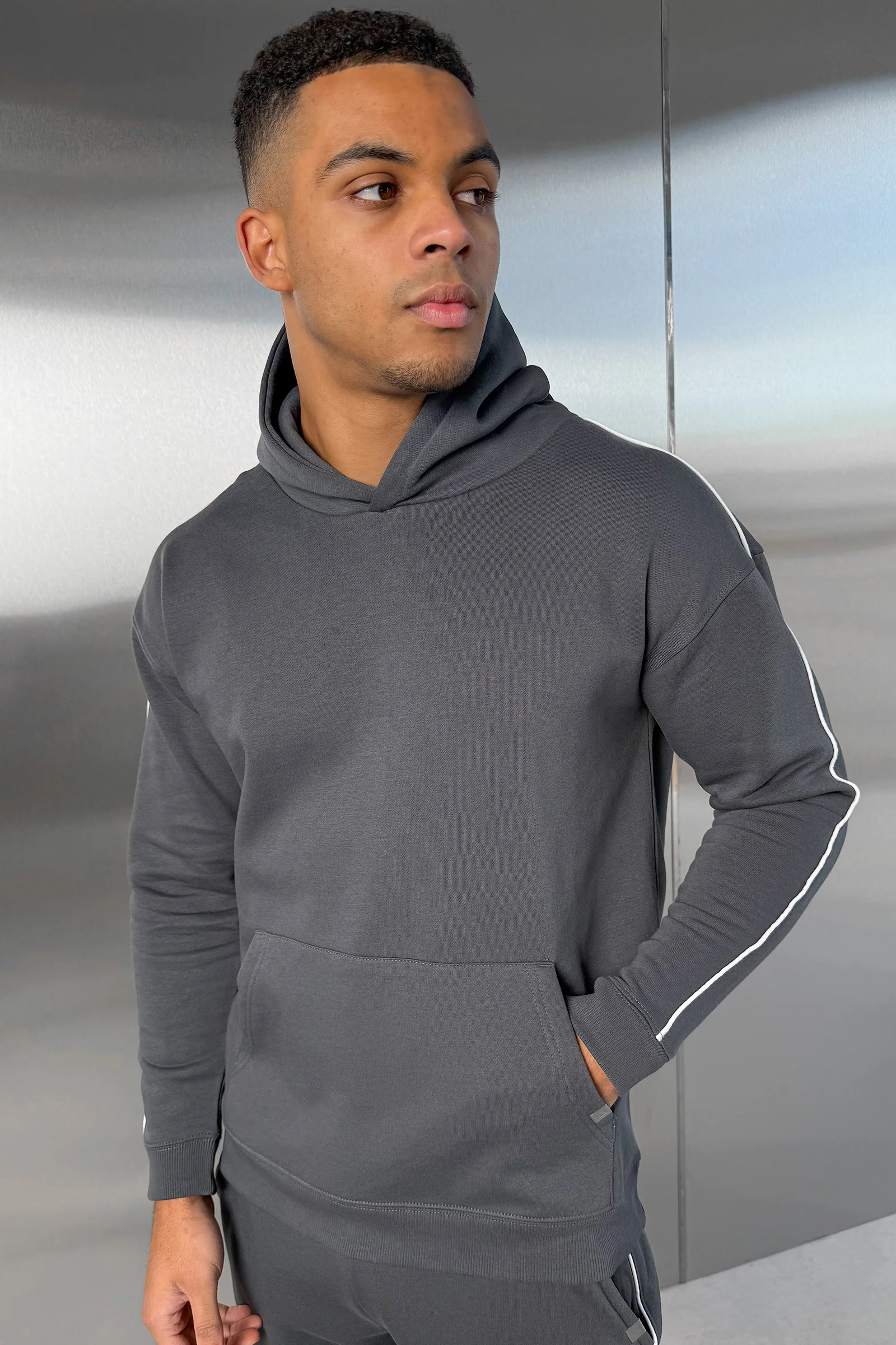 Piping Detail Hoodie - Charcoal - Image 9