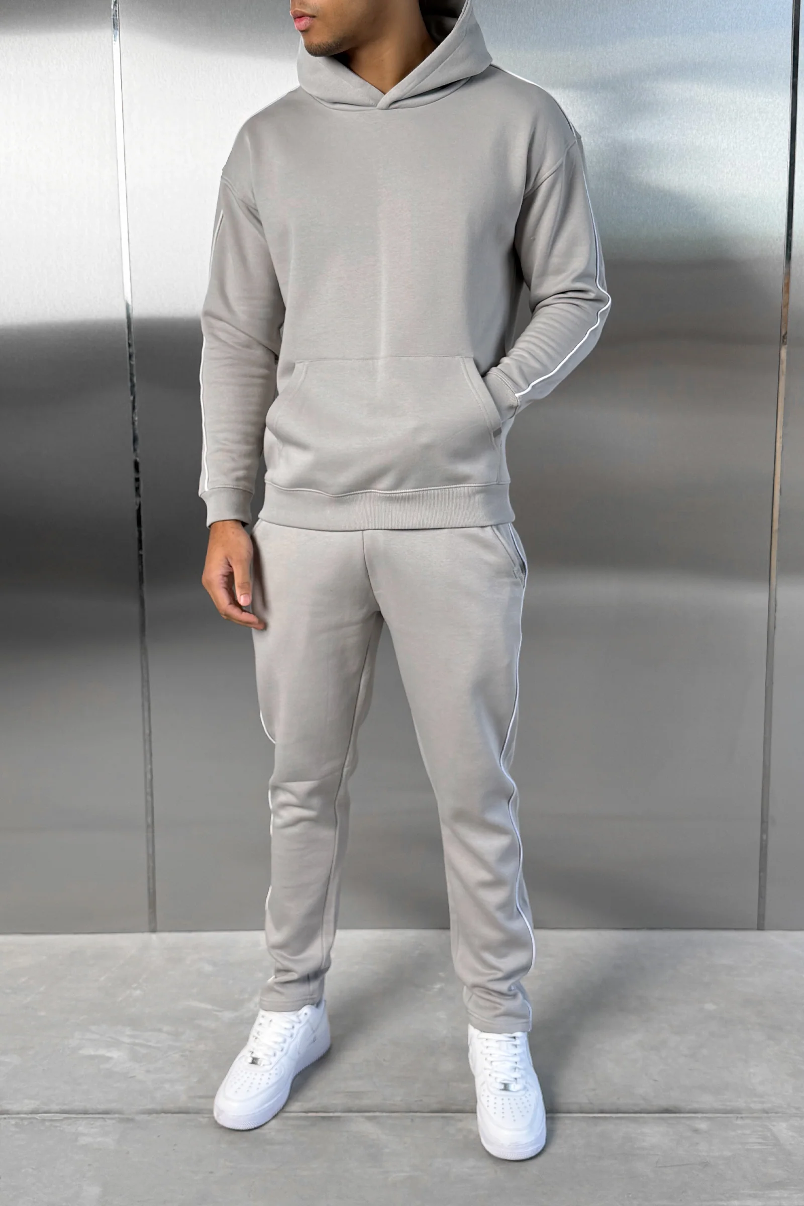 Piping Detail Hoodie - Grey - Image 3