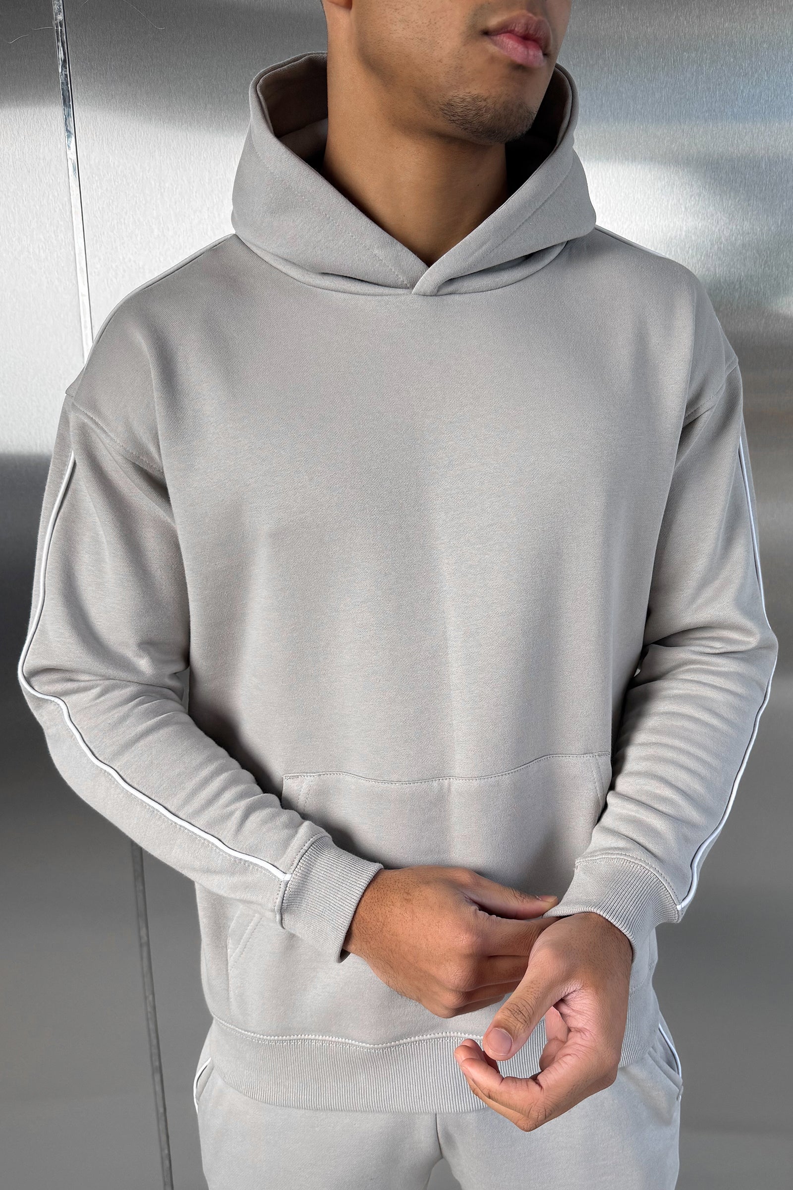 Piping Detail Hoodie - Grey - Image 4