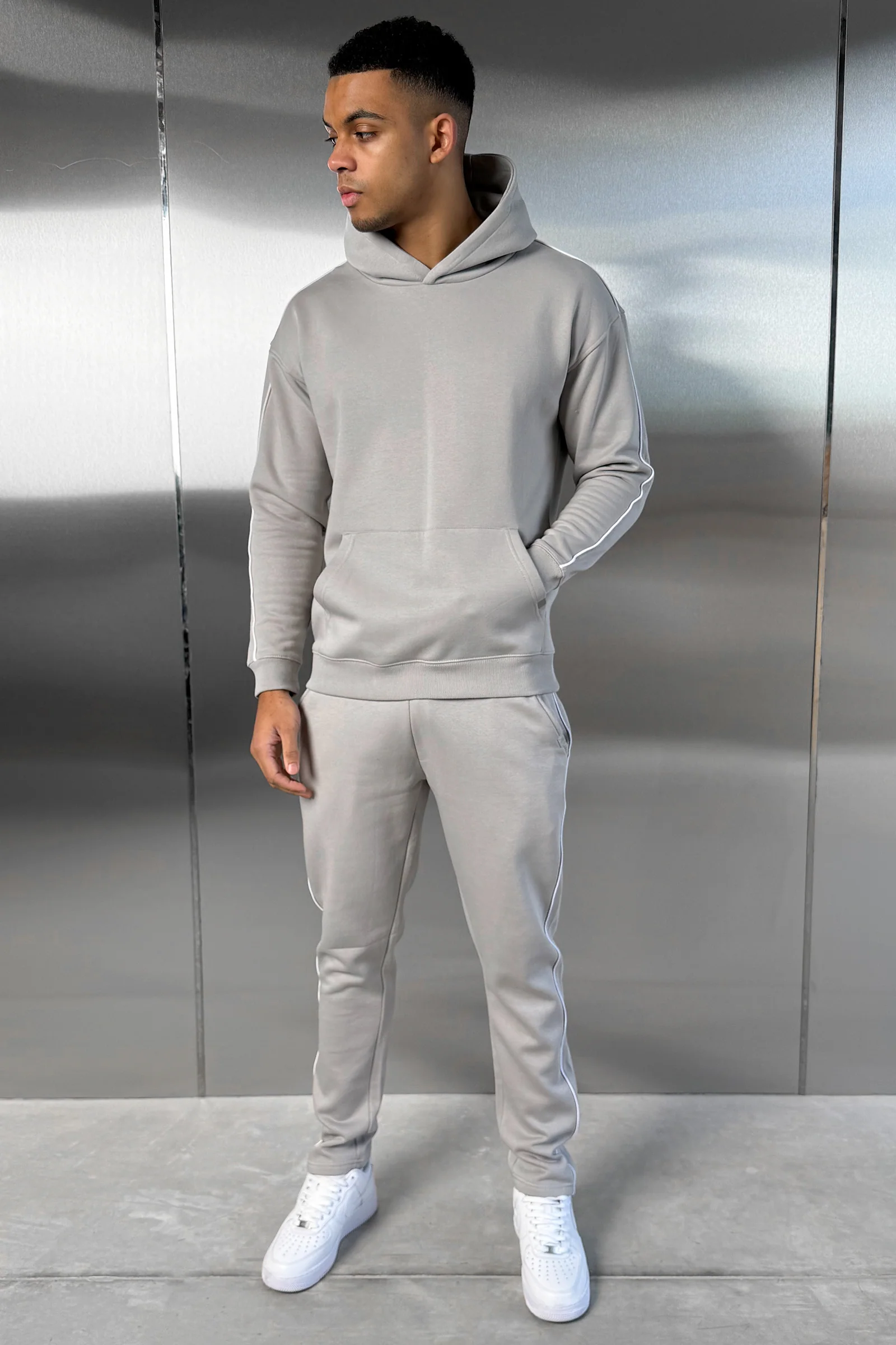 Piping Detail Hoodie - Grey - Image 5