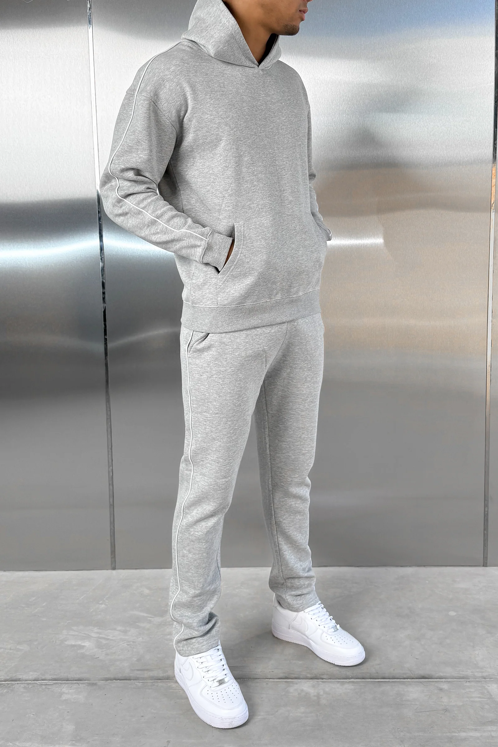 Piping Detail Hoodie - Grey Marl - Image 10
