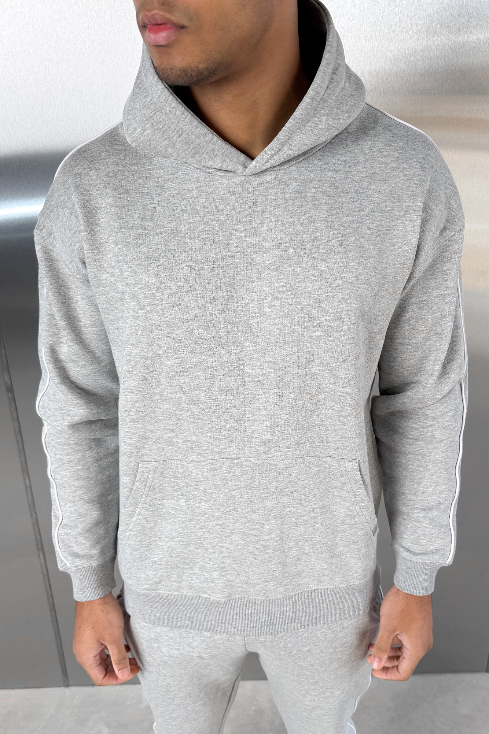 Piping Detail Hoodie - Grey Marl - Image 2