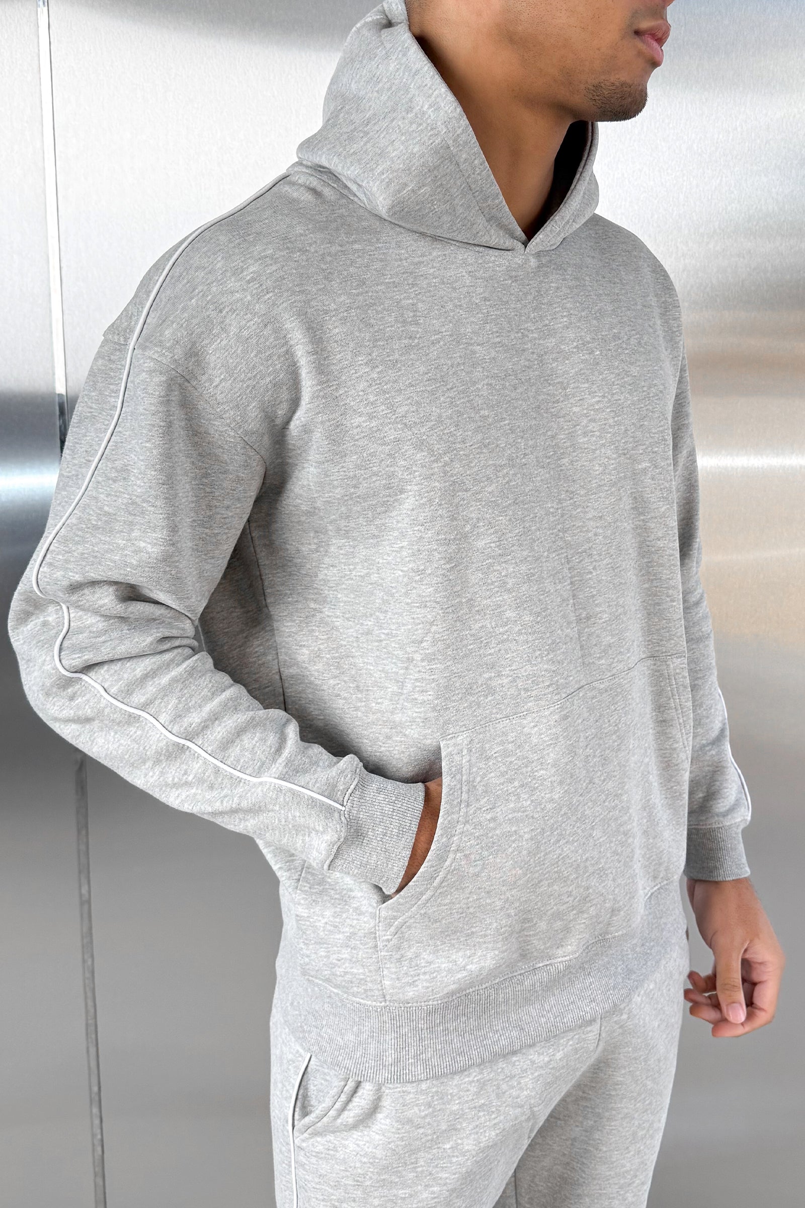 Piping Detail Hoodie - Grey Marl - Image 4