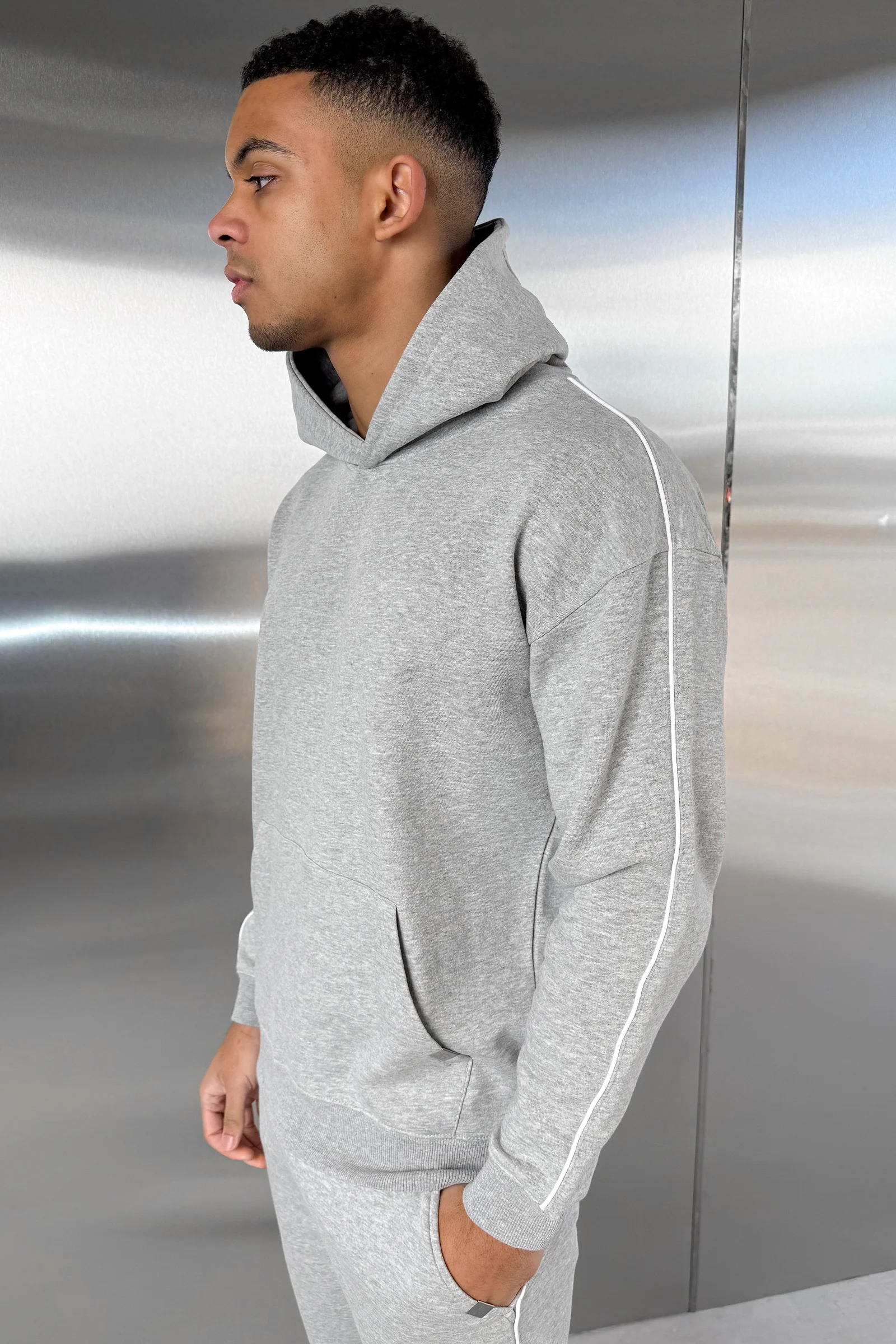 Piping Detail Hoodie - Grey Marl - Image 5