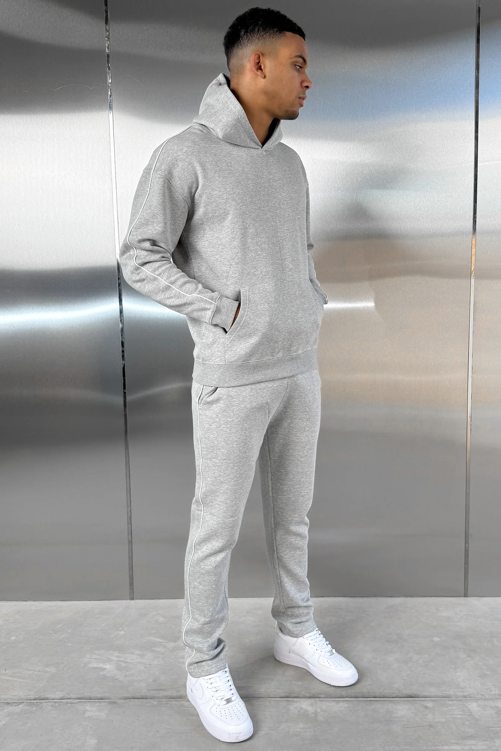 Piping Detail Hoodie - Grey Marl - Image 7