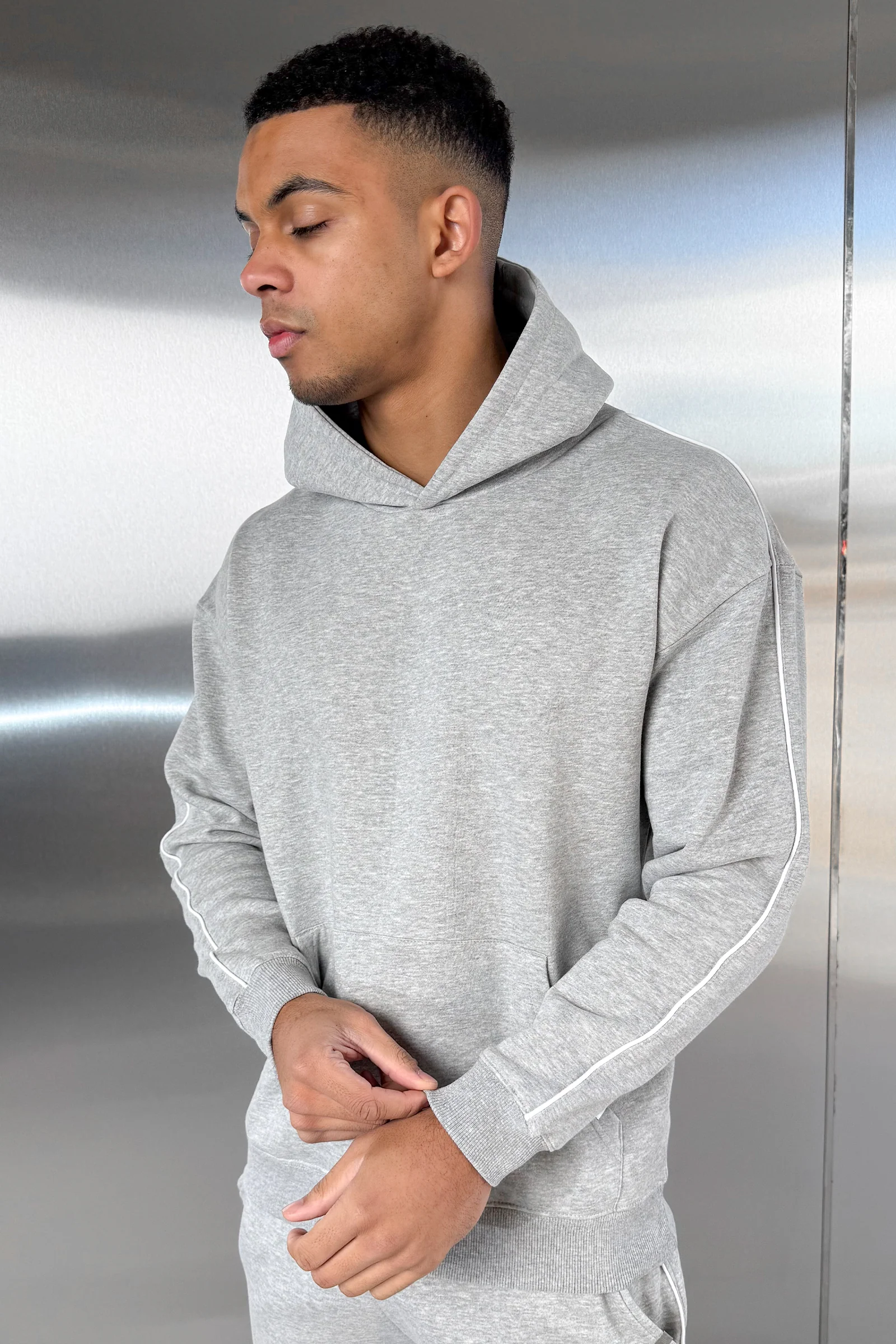 Piping Detail Hoodie - Grey Marl - Image 9