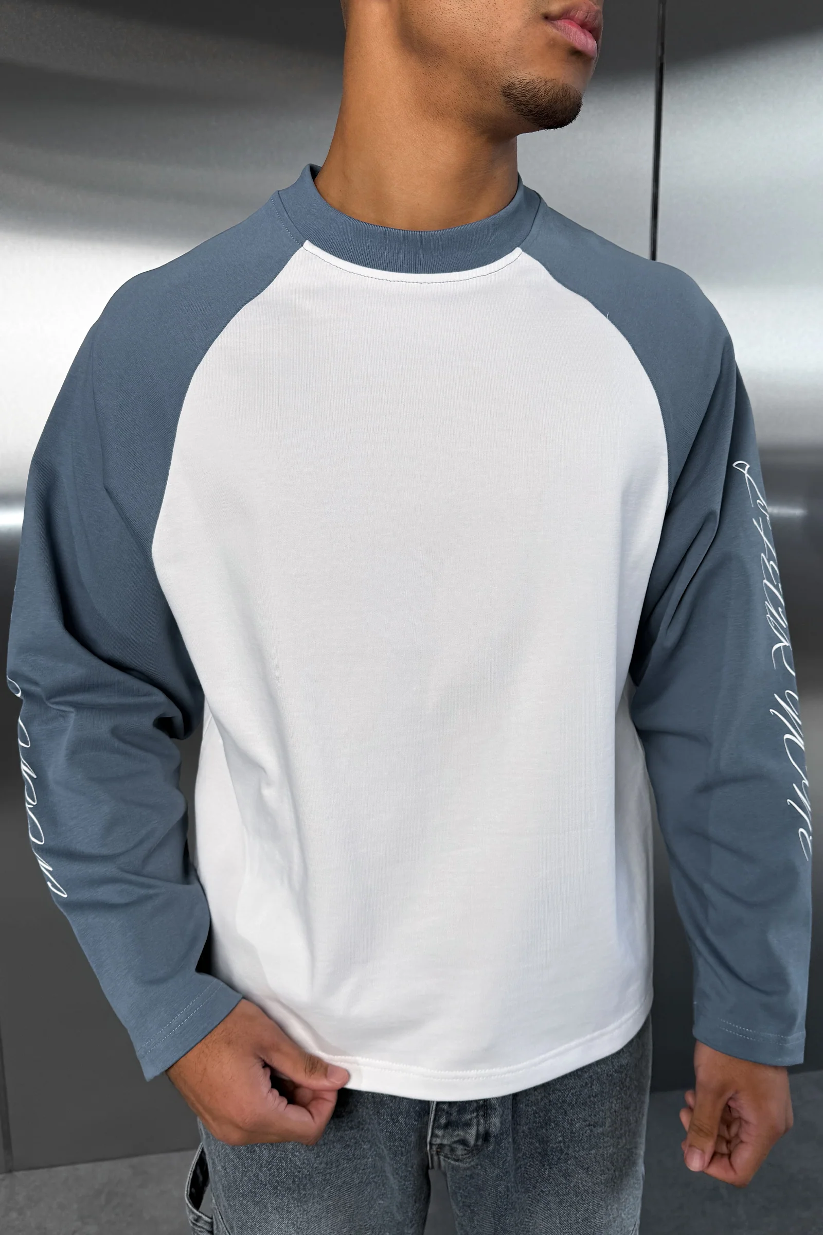 Scripture Raglan Long Sleeve Boxy T-Shirt - Slate Blue/White - Image 8
