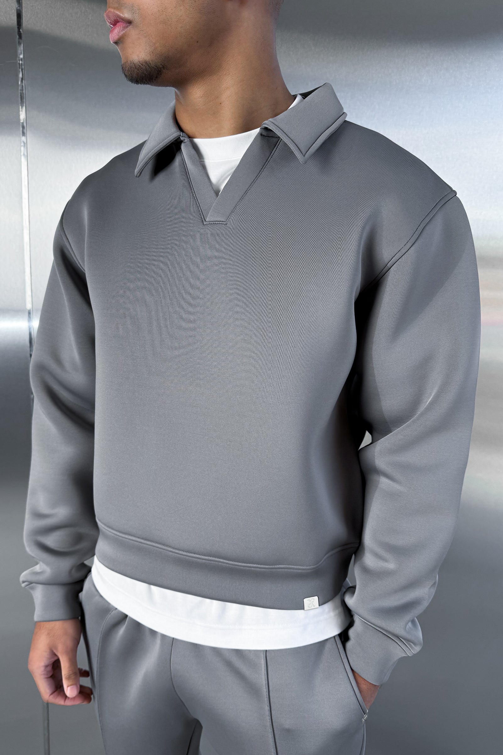 Boxy Scuba Polo Sweatshirt - Grey - Image 4