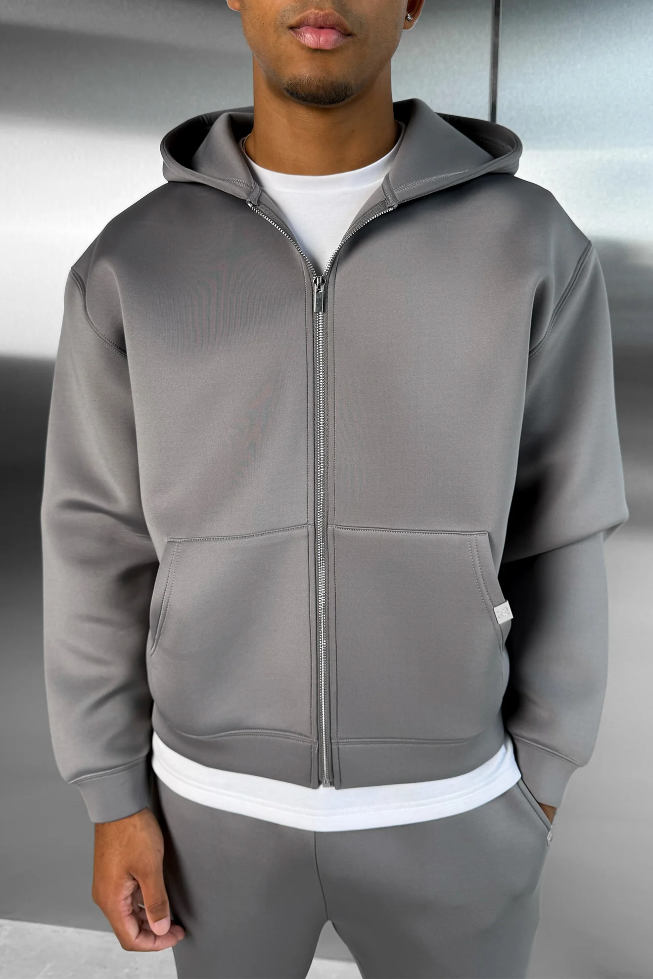 Boxy Scuba Zip Through Hoodie - Grey - Image 6