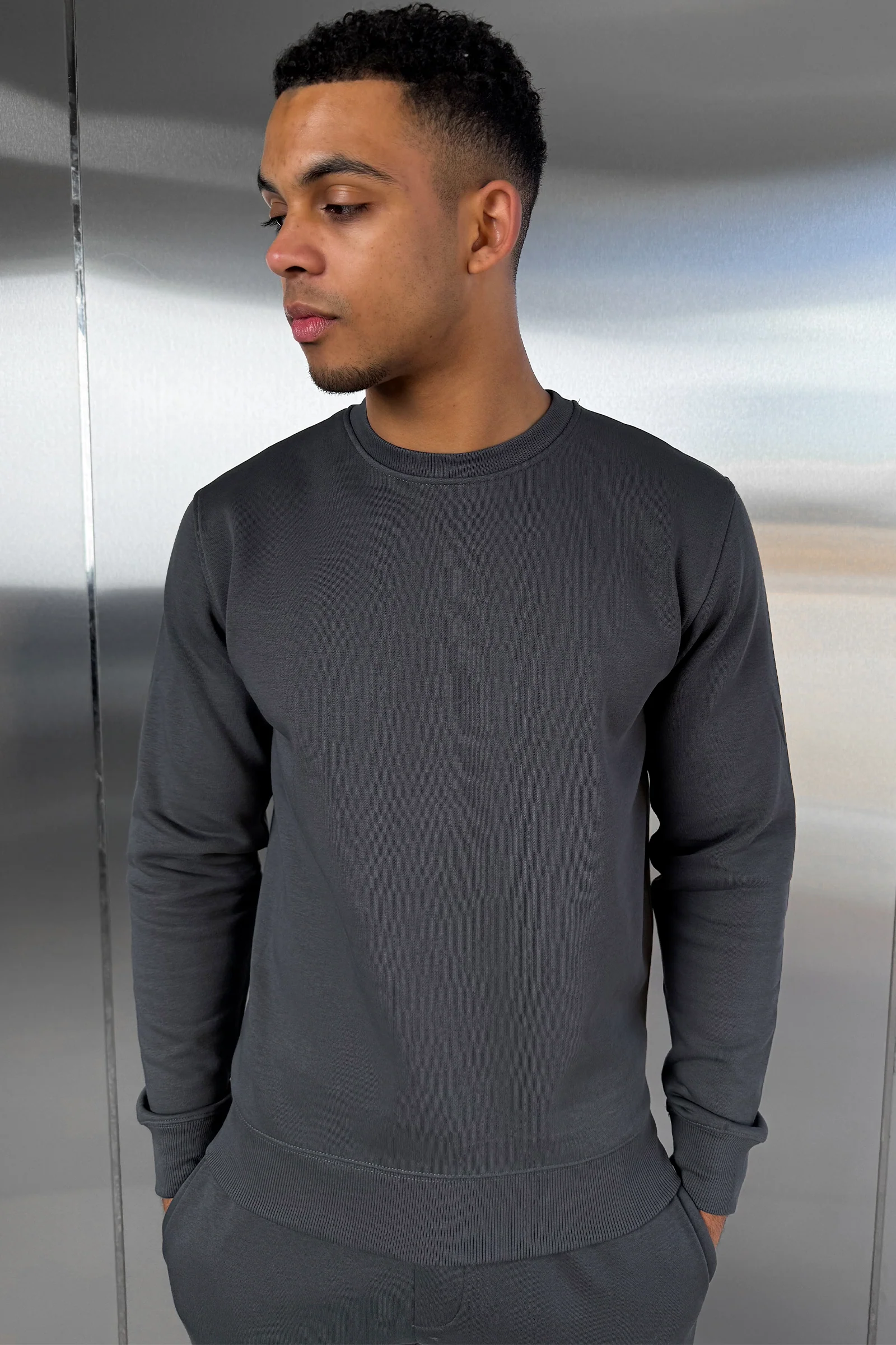 Slim Fit Crew Neck Sweatshirt - Charcoal - Image 6