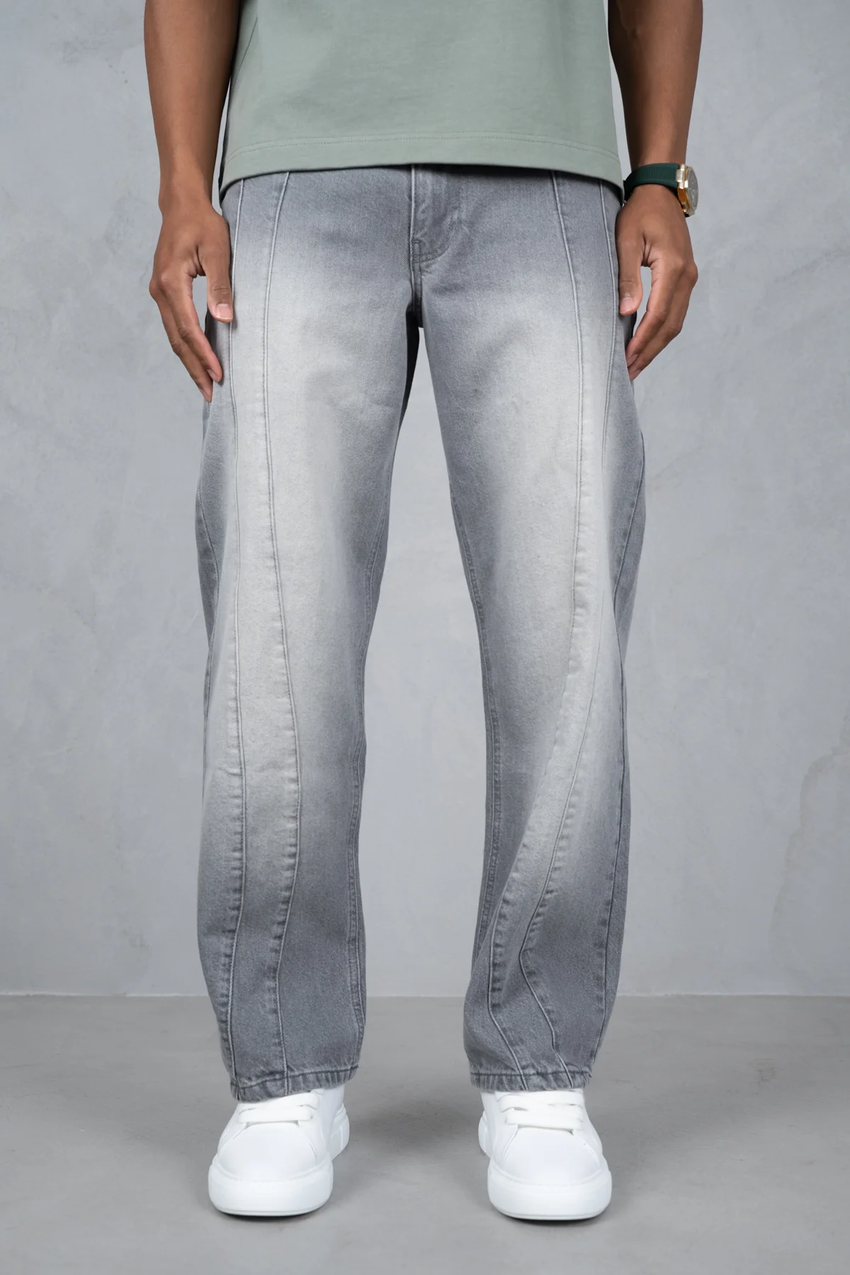 Curve Seam Washed Denim Jeans - Grey - Image 3