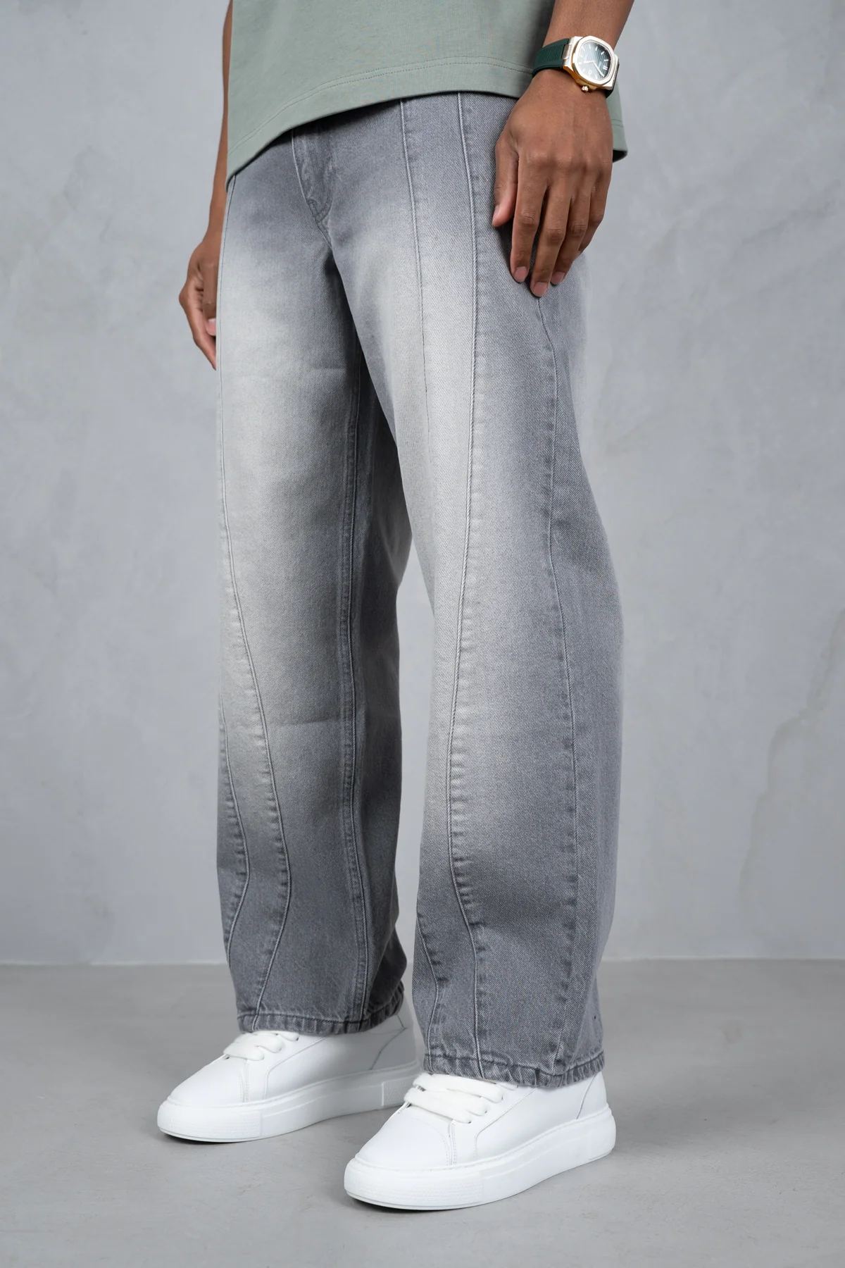 Curve Seam Washed Denim Jeans - Grey - Image 4