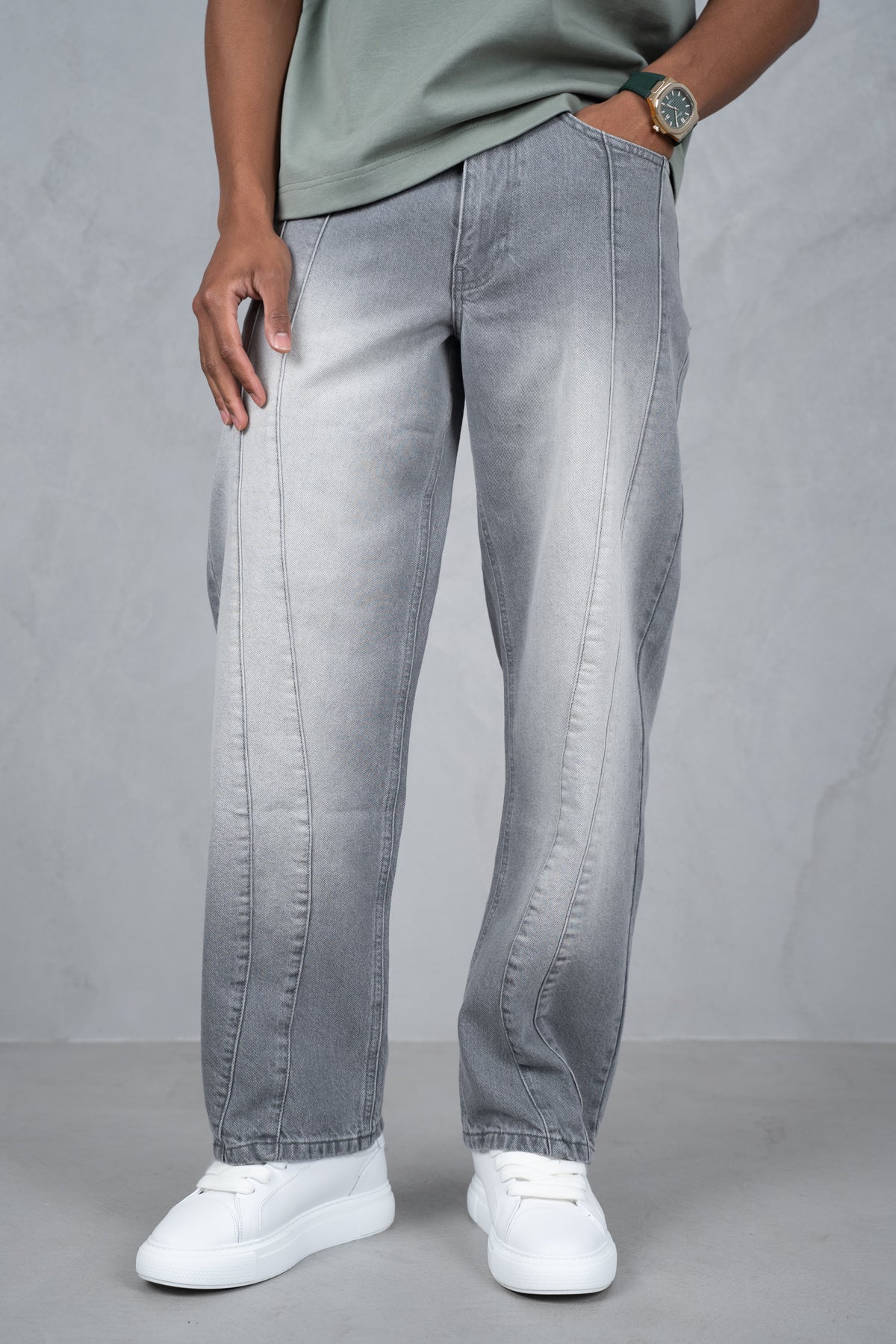 Curve Seam Washed Denim Jeans - Grey - Image 8