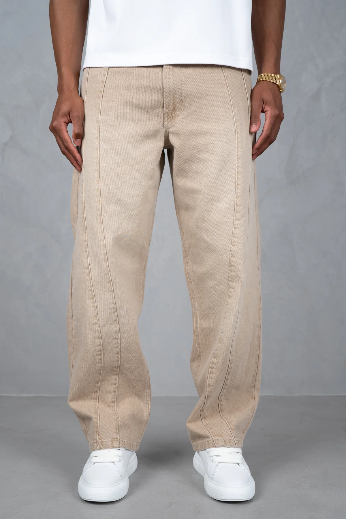 Curve Seam Washed Denim Jeans - Taupe - Image 3