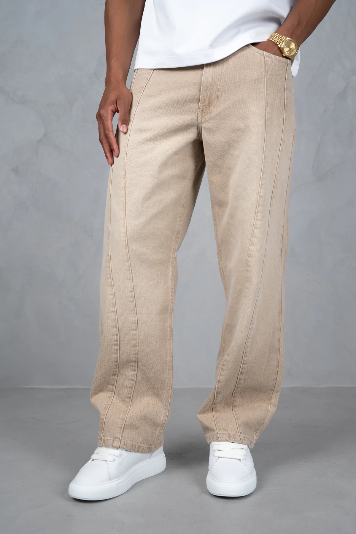 Curve Seam Washed Denim Jeans - Taupe - Image 4