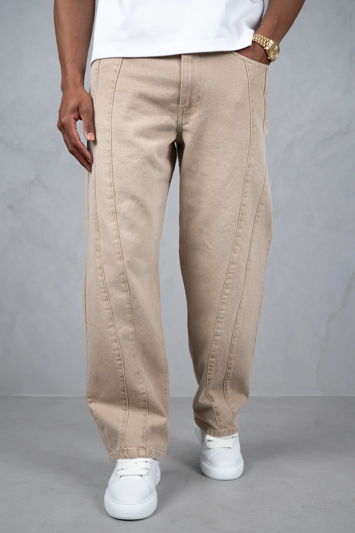 Curve Seam Washed Denim Jeans - Taupe - Image 8