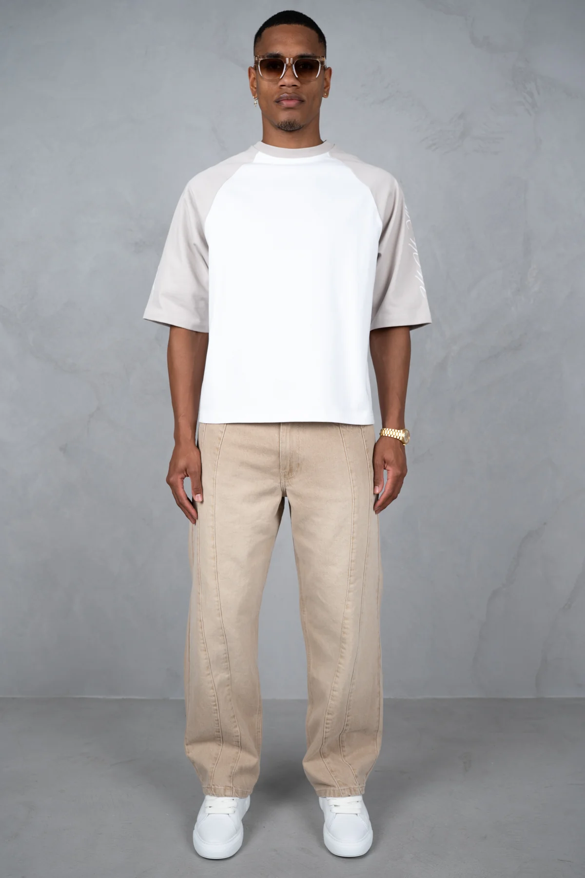 Curve Seam Washed Denim Jeans - Taupe - Image 9