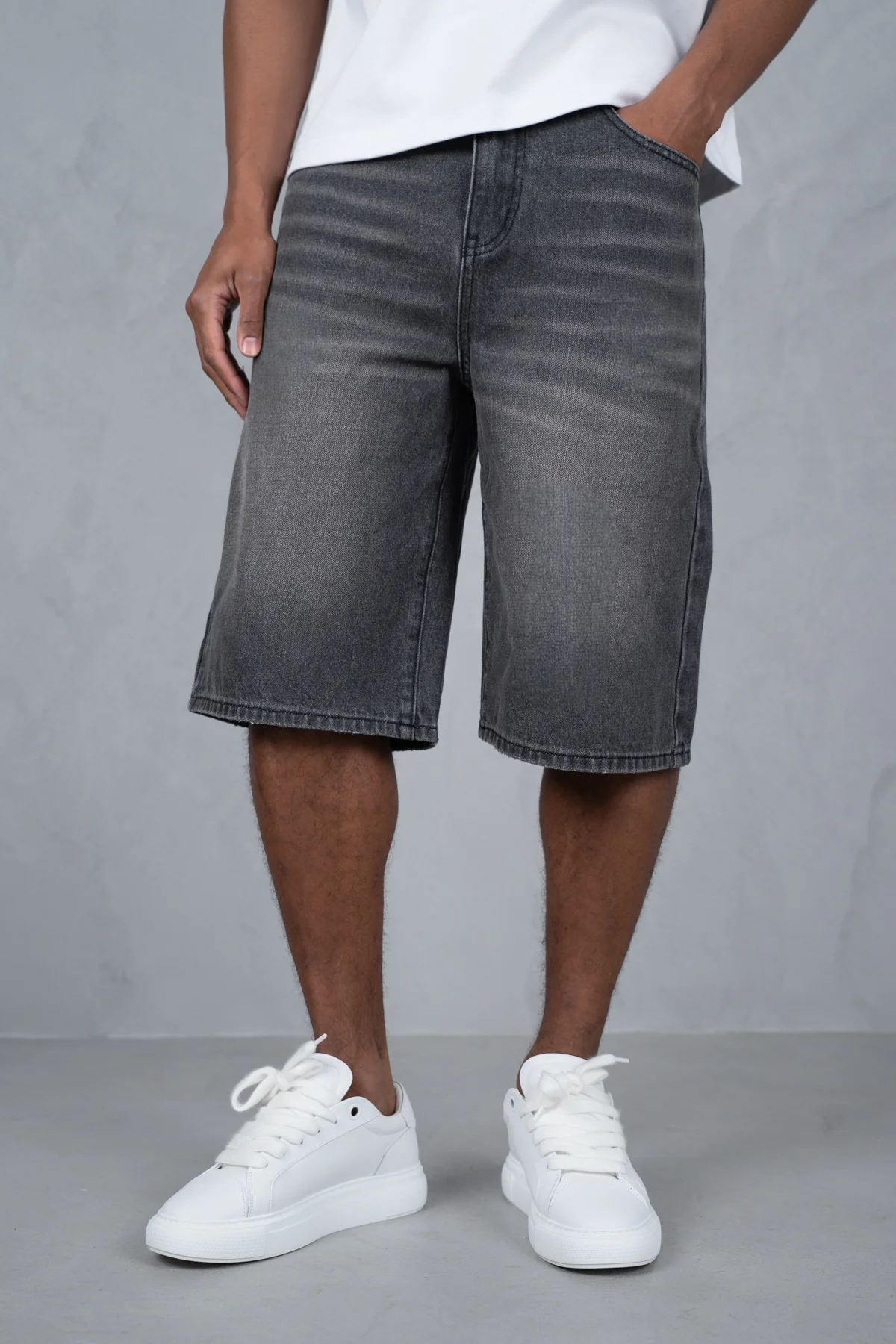 Washed Denim Jorts - Grey - Image 7